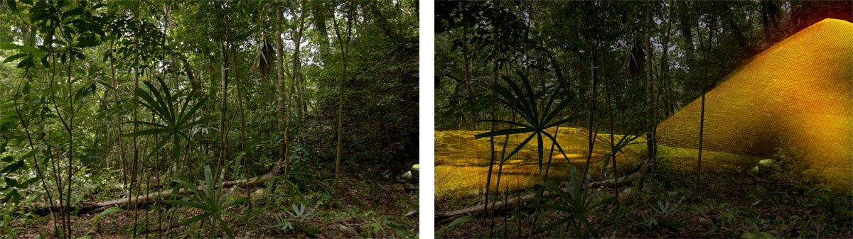 Izquierda: Jungla guatemalteca; Derecha: imagen en 3D de la ruina maya que yace en la jungla.Imagen a través de National Geographic.
