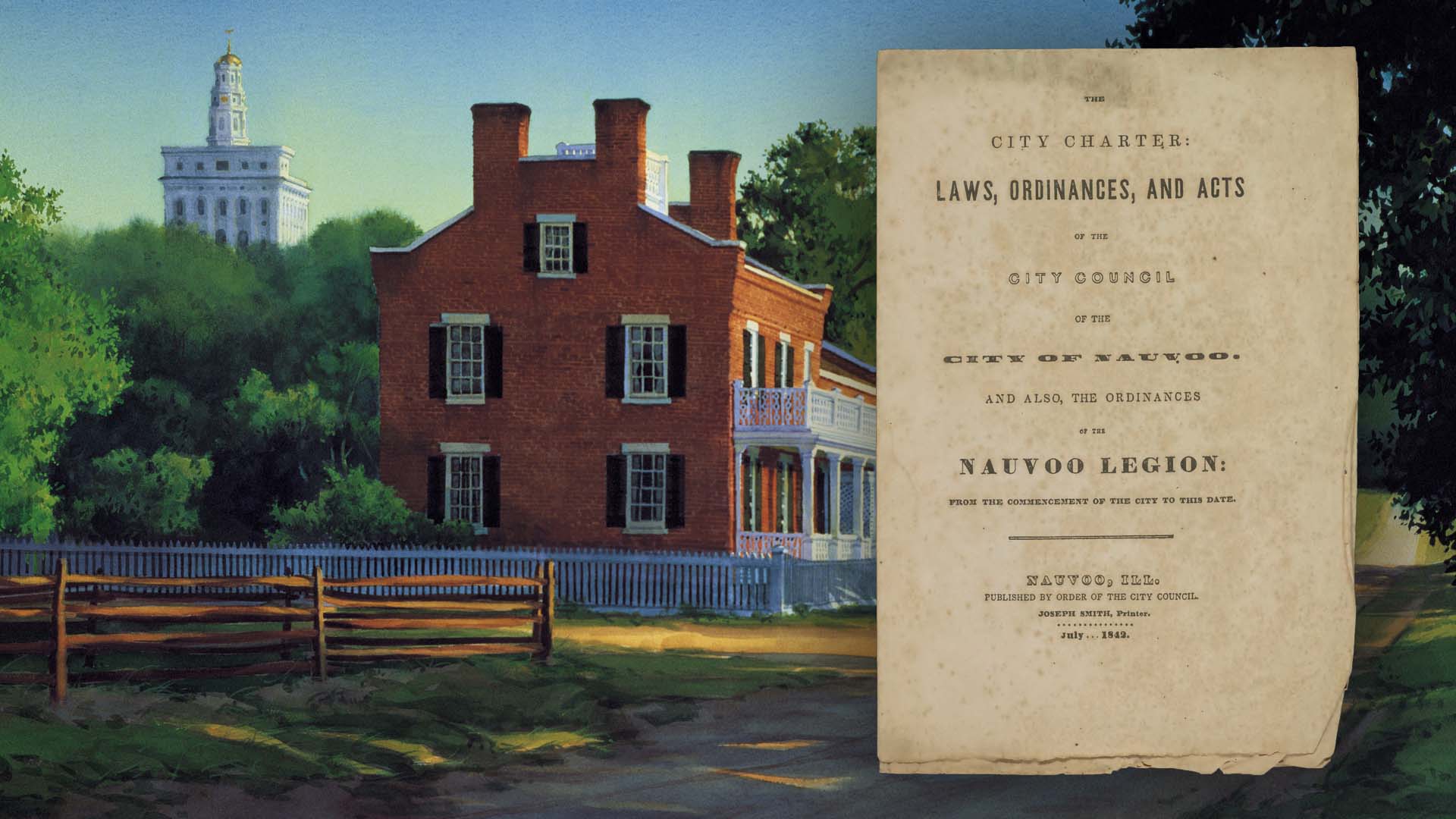 "Heber C. Kimball Home Summer" (Pintura de la casa de Heber C. Kimball en Nauvoo) por Al Rounds. Imagen de la carta constitucional de Nauvoo de la Biblioteca del Congreso.