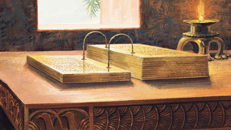 Una pintura que representa las planchas de oro por Jerry Thompson. Imagen a través de lds.org