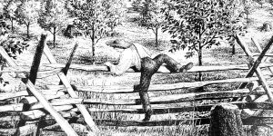 Etching of Joseph Smith Climbing Fence from The Smith Family Farm (Recreación de José Smith subiendo el cerco de la granja de la familia Smith)