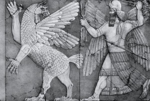 Un bajorrelieve que se cree ser de Marduk y Tiamat de un templo en Nimrud que data de la leyenda de al menos durante el reinado de Ashurnasirpal II (883-859 a. C.) Imagen a través de Wikimedia Commons