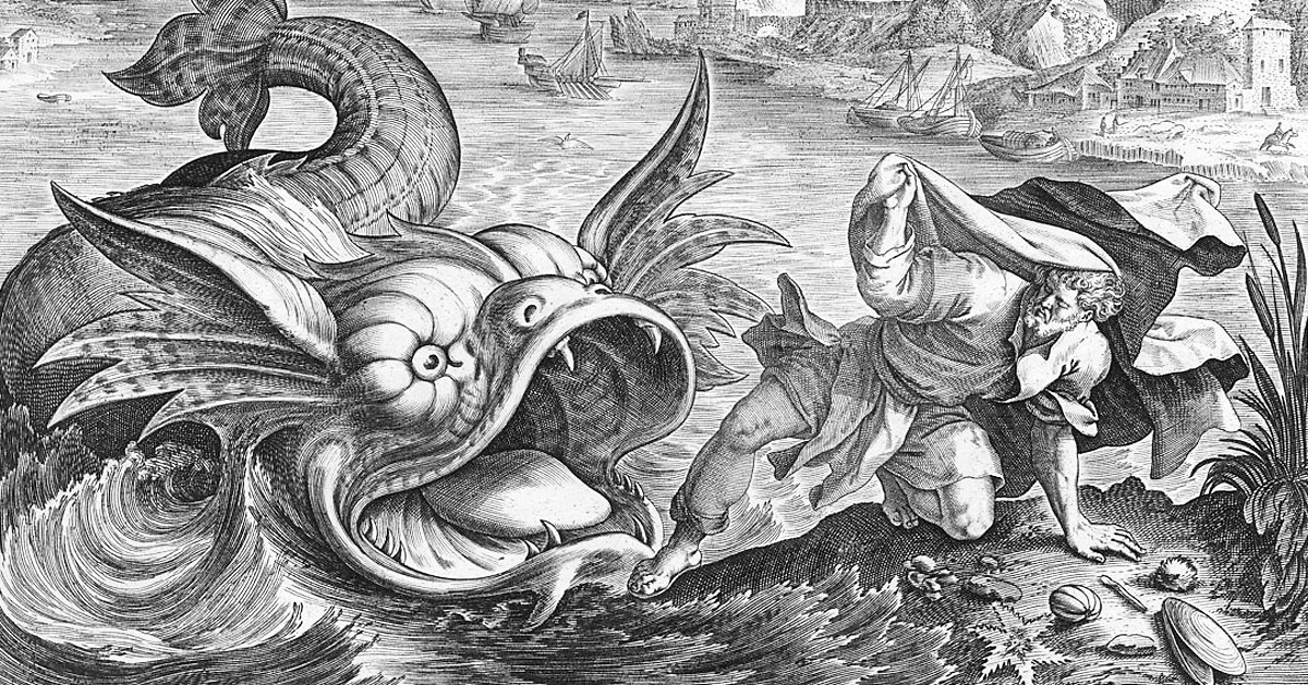 "Jonah Cast on Shore by the Fish" (Jonás arrojado a la orilla por el pez) por Antonius Wierix II a través de The Met Collection