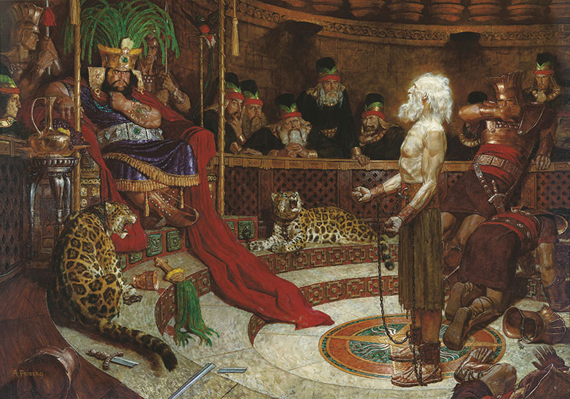 Abinadi Appearing before King Noah (Abinadí ante el rey Noé) por Arnold Friberg. Imagen a través de Recursos del Evangelio