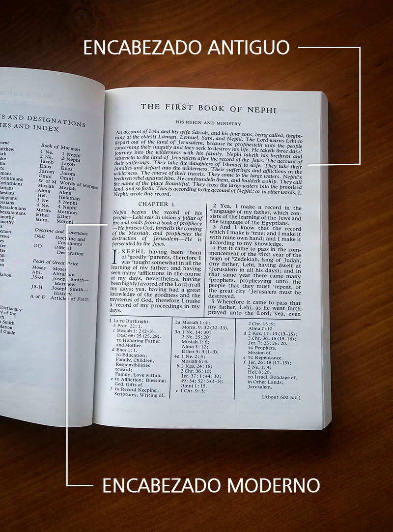 Los encabezados antiguos y modernos de 1 Nefi. Imagen por Book of Mormon Central