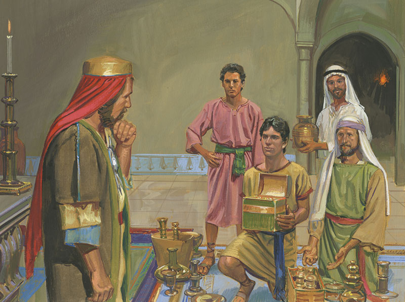 Los hijos de Lehi ofreciendo riquezas a Labán. Ilustración por Jerry Thompson a través de Recursos del Evangelio.
