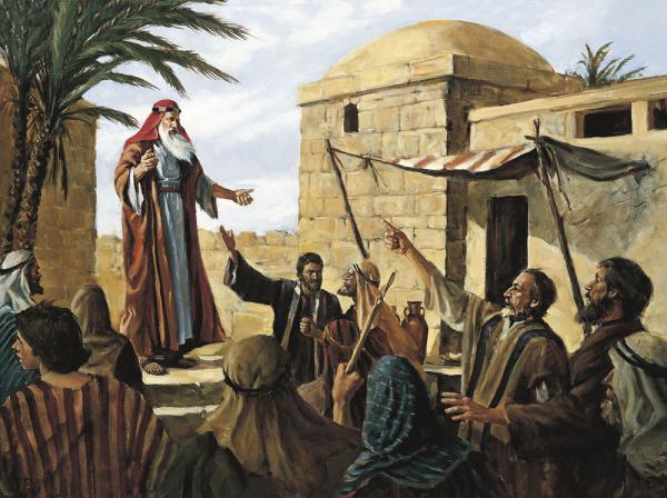 Lehi Preaching in Jerusalem (Lehi predicando en Jerusalén) por Arnold Friberg. Imagen a través de lds.org