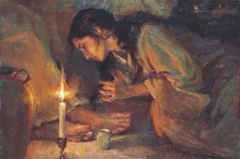 Pintura de una mujer lavando los pies de Jesús con lágrimas. Imagen a través de Wikimedia Commons