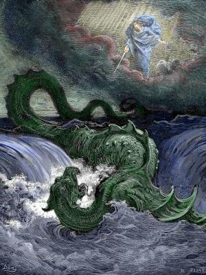 Dios como un guerrero divino conquistando el caos de las aguas durante la creación. Imagen de Gustave Dore