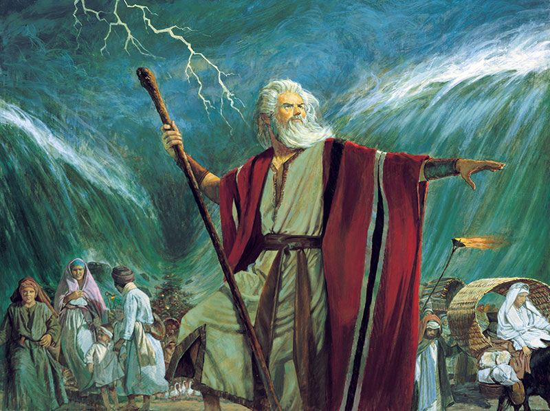 Moses Parting the Red Sea (Moisés partiendo el mar Rojo) por Robert T. Barrett. Imagen a través de Recursos del Evangelio