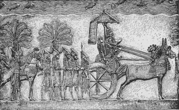 Senaquerib durante su guerra en Babilonia, relieve de su palacio en Nínive. Imagen a través de Wikimedia Commons