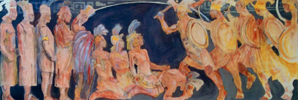 Pintura de los anti-nefi-lehitas sufriendo el martirio en manos de los lamanitas. Christian Converts (Conversos cristianos) por Minerva Teichert