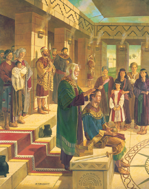King Benjamin Confers the Kingdom on Mosiah (El rey Benjamín confiere el reino a Mosíah) por Robert T. Barrett