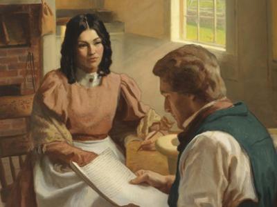 Emma fungiendo como escriba para José durante la traducción del Libro de Mormón. Pintura a través de lds.org