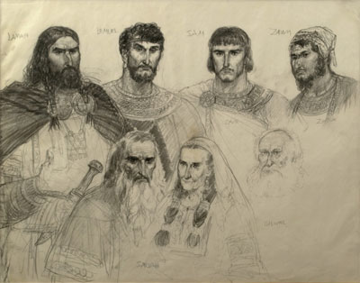 Lehi, Sariah, Lamán, Lemuel, Sam, Zoram e Ismael. Boceto de Arnold Friberg