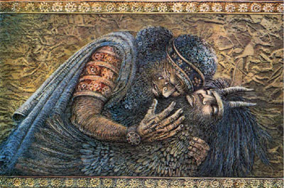 La Epopeya de Gilgamés del antiguo Cercano Oriente contiene ejemplos de quiasmos. Pintura de Gilgamés y Enkidu. Artista desconocido
