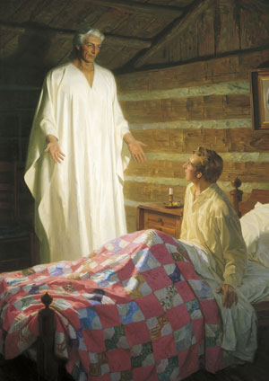 "The Angel Moroni Appears to Joseph Smith" (El ángel Moroni aparece a José Smith) por Tom Lovell