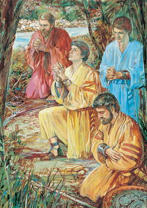 Four Sons of Mosiah Kneeling in Prayer (Cuatro hijos de Mosíah arrodillados en oración) por Harold T. Dale Kilbourrn