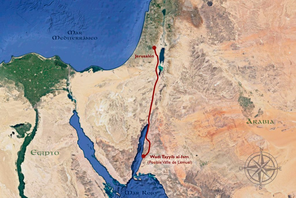 Mapa de Book of Mormon Central que representa una posible ruta desde Jerusalén a Wadi Tayyib al-Ism, un candidato para el Valle de Lemuel