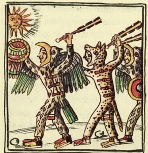 Guerreros aztecas vestidos con pieles de animales. Dibujo del Códice Florentino vía Wikimedia Commons