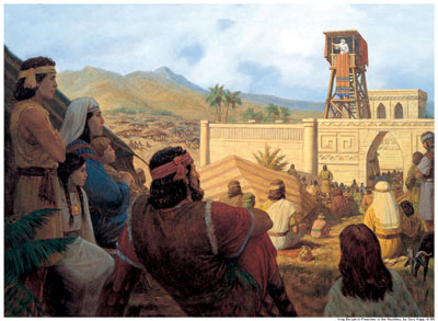 King Benjamin Preaches to the Nephites (El rey Benjamín predica a los nefitas) por Gary Kapp. Imagen vía lds.org
