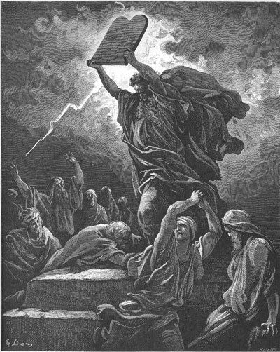 Moses Breaks the Tables of the Law (Moisés rompe las tablas de la ley) por Gustave Dore. Imagen vía Wikimedia Commons
