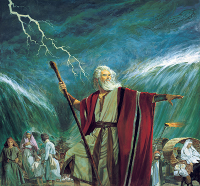 Rocas, colinas, montañas y todo el sistema solar obedecen los mandamientos de Dios. Moses Parting the Red Sea (Moisés partiendo el mar Rojo) por Robert T. Barrett