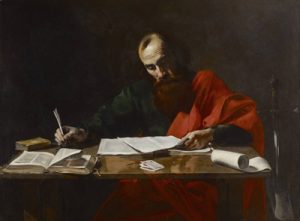 La epístola de Giddiani refleja un estilo antiguo de escritura epistolar. "Saint Paul Writing His Epistles" (San Pablo escribiendo Su epístola) por Valentin de Boulogne
