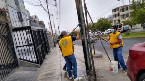 Voluntarios de Manos que Ayudan, limpiando postes en La Molina, Perú.