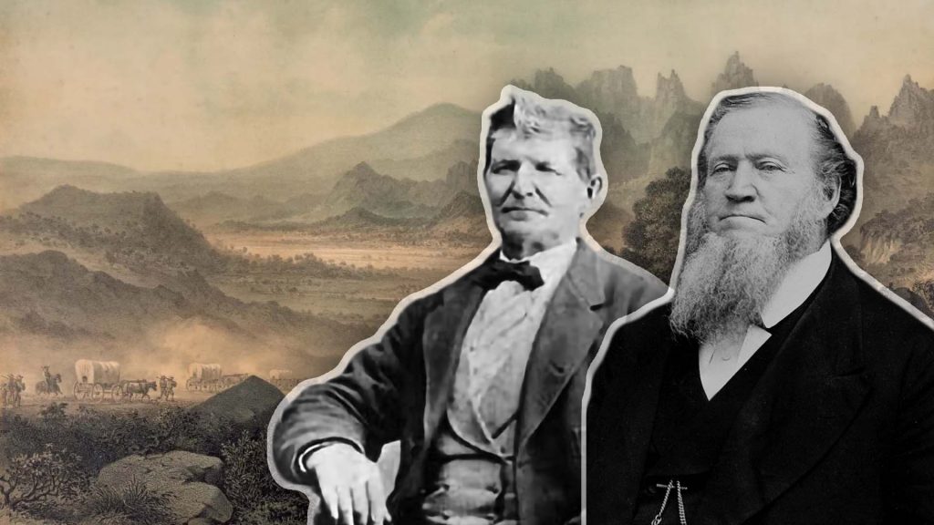 Vagones viajando poco antes de la Masacre de Mountain Meadows, con retratos de John D. Lee y Brigham Young.
