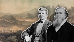 Vagones viajando poco antes de la Masacre de Mountain Meadows, con retratos de John D. Lee y Brigham Young.