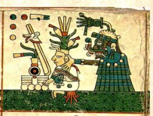 Detalle del códice Fejervary-Mayer, donde se representa al dios azteca del sol, Tláloc, cuidando una planta de maíz humana.