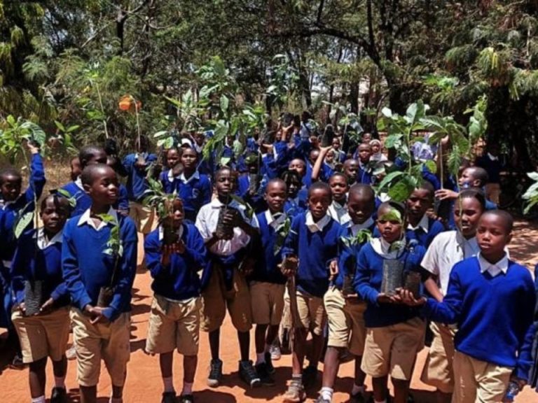 Niños llevan los árboles frutales en Tanzania donados por la Iglesia. Créditos: La Iglesia de Jesucristo de los Santos de los Últimos Días