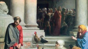 Ilustración en donde Pedro mira hacia otro lado mientras Cristo pasa en manos de sus acusadores. Cuadro de Carl Bloch