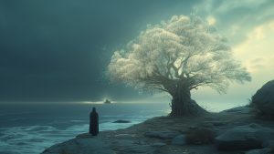 Zosimus se encuentra en la orilla del océano junto a uno de los árboles de su visión.