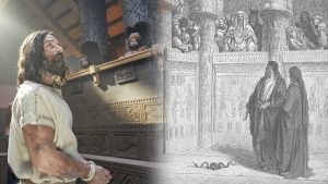 Izquierda, una imagen de los vídeos del Libro de Mormón de la Iglesia de Jesucristo de los Santos de los Últimos Días. Derecha, "Moisés y Aarón ante Faraón" de Gustave Dore.